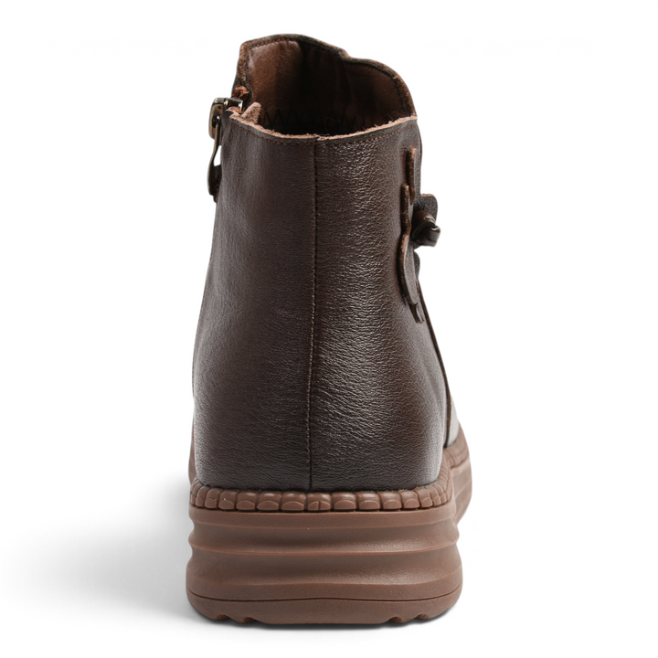 Back view of brown leather Ada Shoes 2587-M ankle boots with a flexible sole and decorative side detail