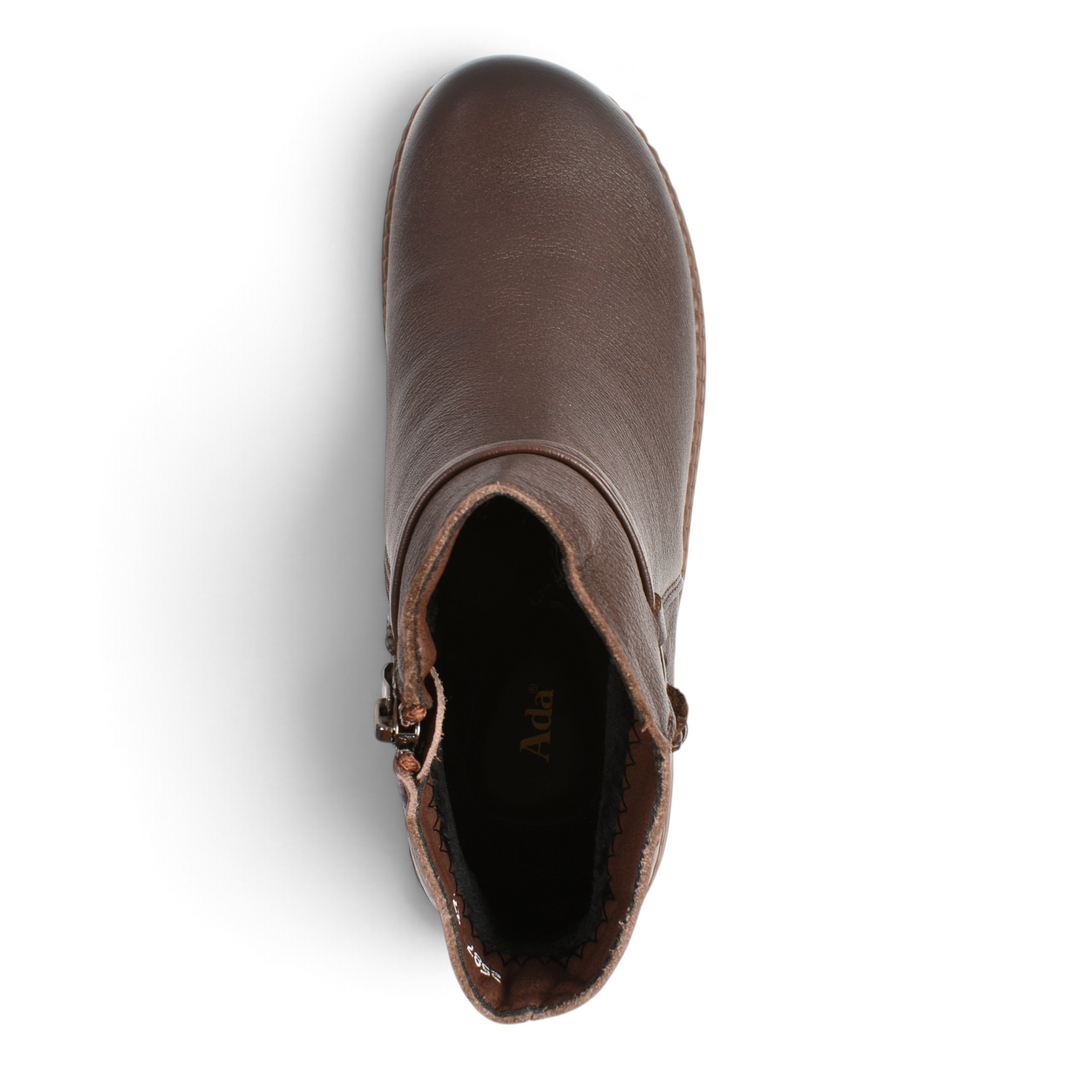 Top view of brown leather Ada Shoes 2587-M ankle boots with a side zipper and decorative floral detail.
