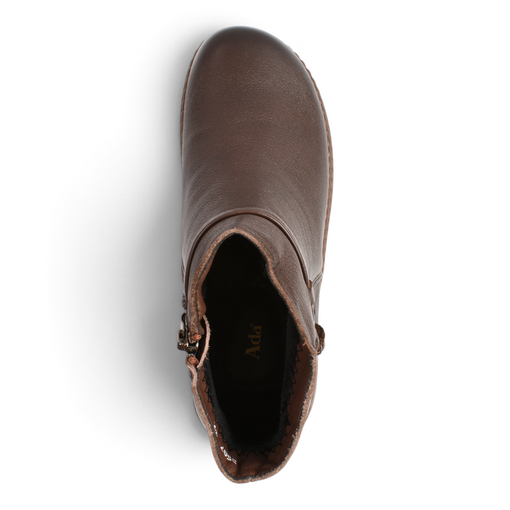 Top view of brown leather Ada Shoes 2587-M ankle boots with a side zipper and decorative floral detail.
