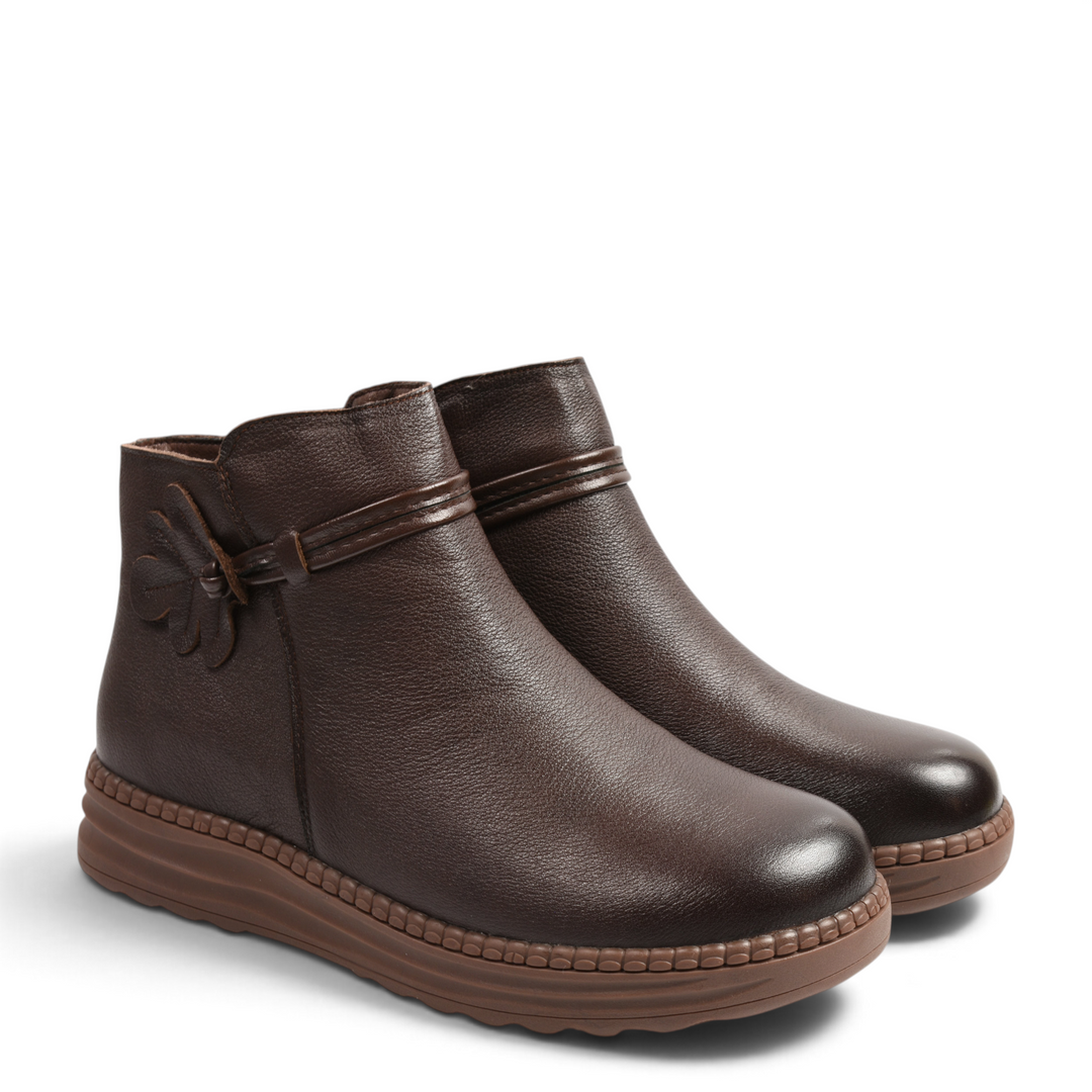 ada-shoes.ro brown leather ankle boots with floral detail and flat flexible sole for women
