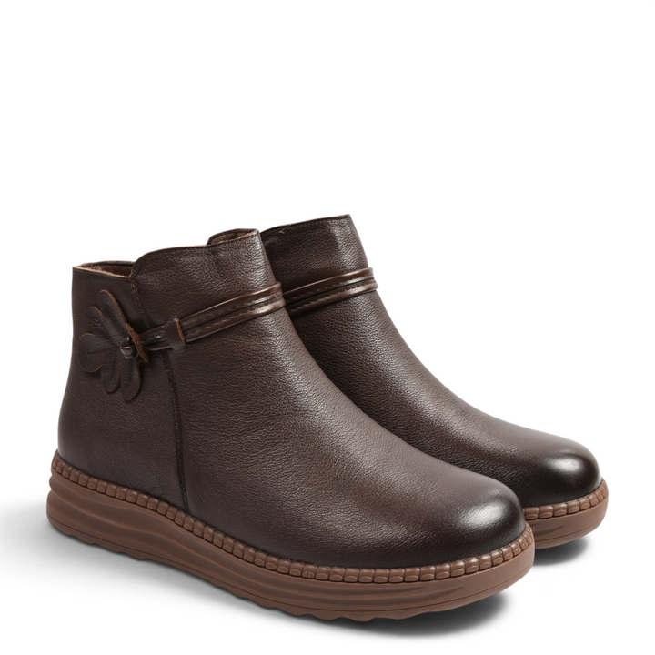 ada-shoes.ro brown leather ankle boots with floral detail and flat flexible sole for women