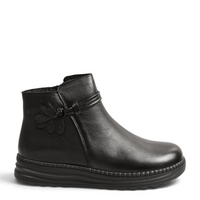 ada-shoes.ro black leather ankle boots with a decorative floral strap and flexible low sole for daily comfort