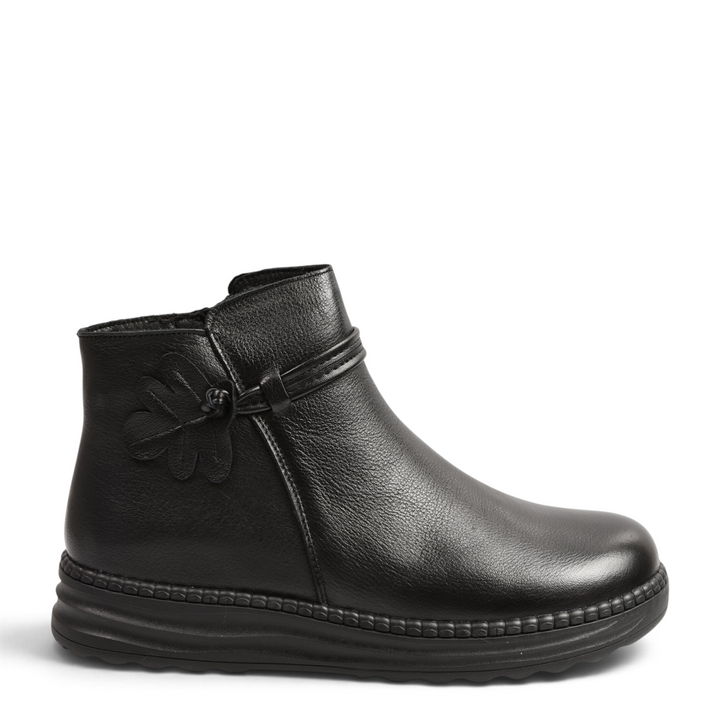 ada-shoes.ro black leather ankle boots with a decorative floral strap and flexible low sole for daily comfort