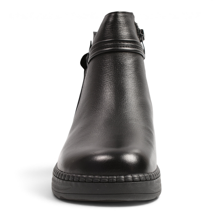 ada-shoes.ro black leather ankle boots with a decorative strap and floral detail, featuring a flexible low sole.