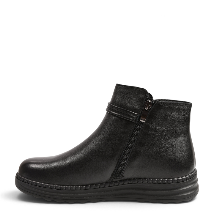 ada-shoes.ro black leather ankle boots with side zipper, decorative strap, and flexible low sole for women