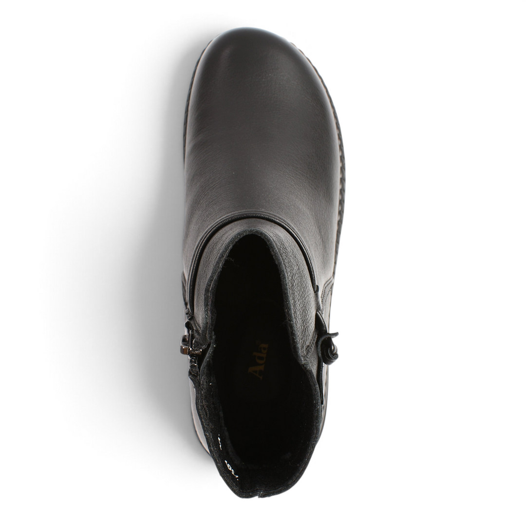ada-shoes.ro black leather ankle boots with a decorative floral side detail and side zipper, top-down view