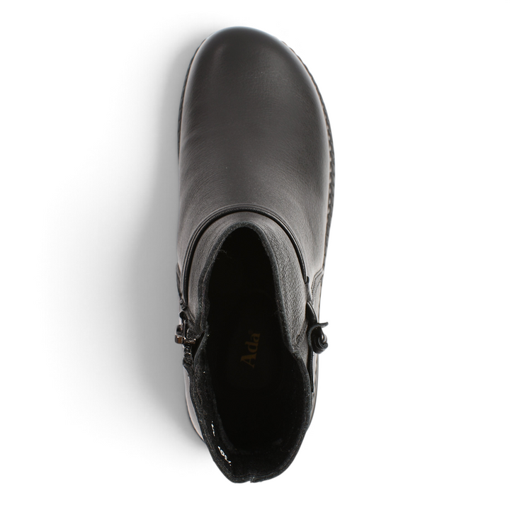 ada-shoes.ro black leather ankle boots with a decorative floral side detail and side zipper, top-down view