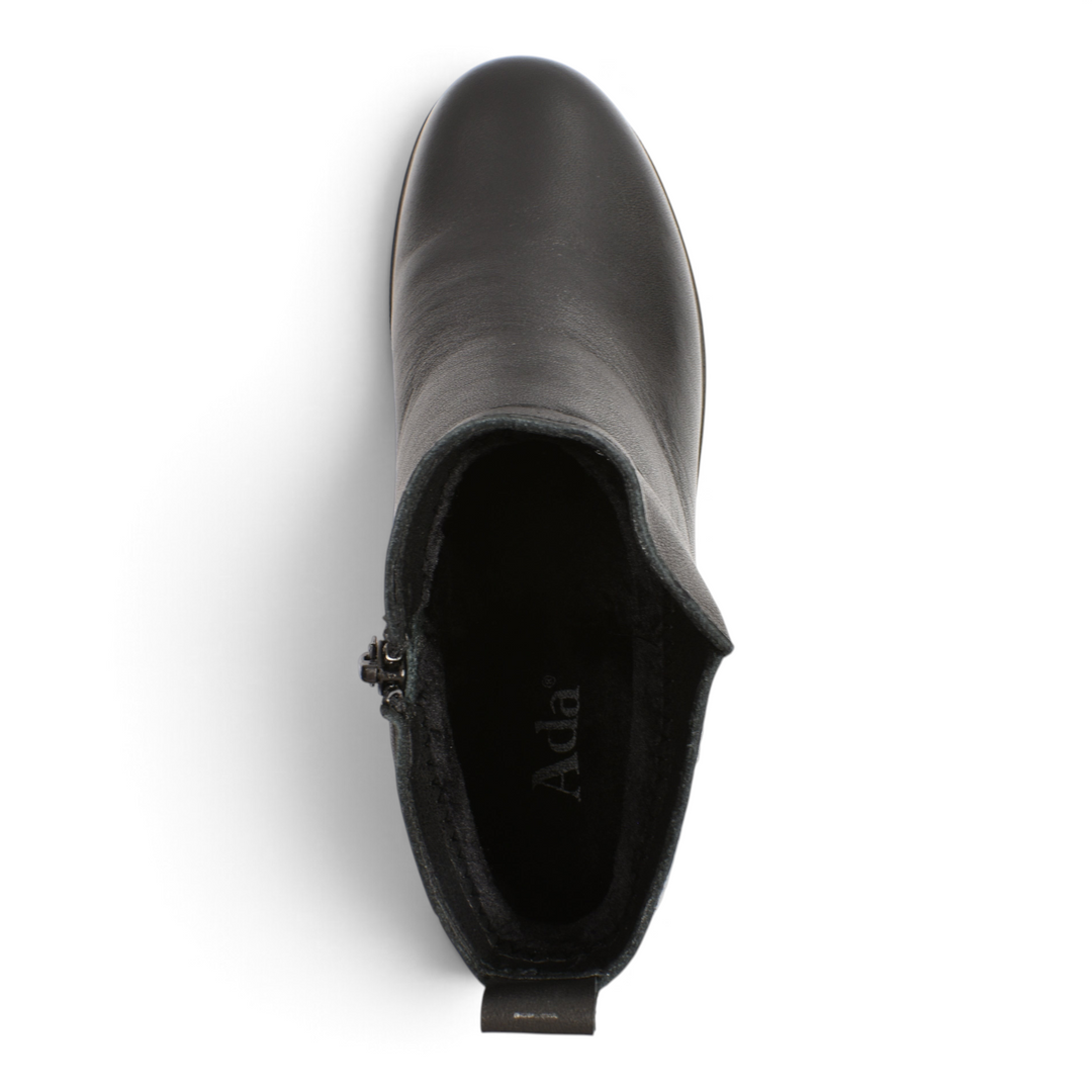 Top view of black leather Ada Shoes M776-N ankle boots with interior zipper and pull tab