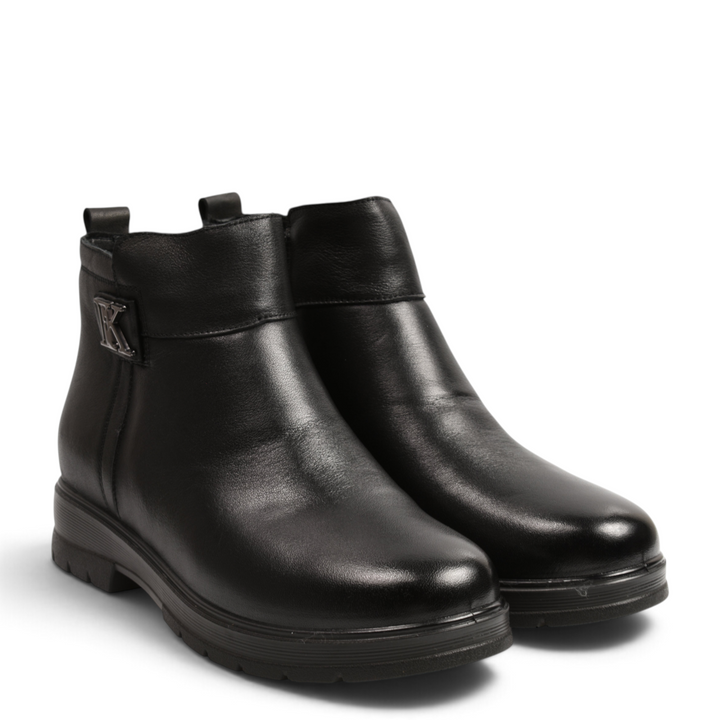 ada-shoes.ro black leather ankle boots with silver FK monogram detail and low non-slip sole