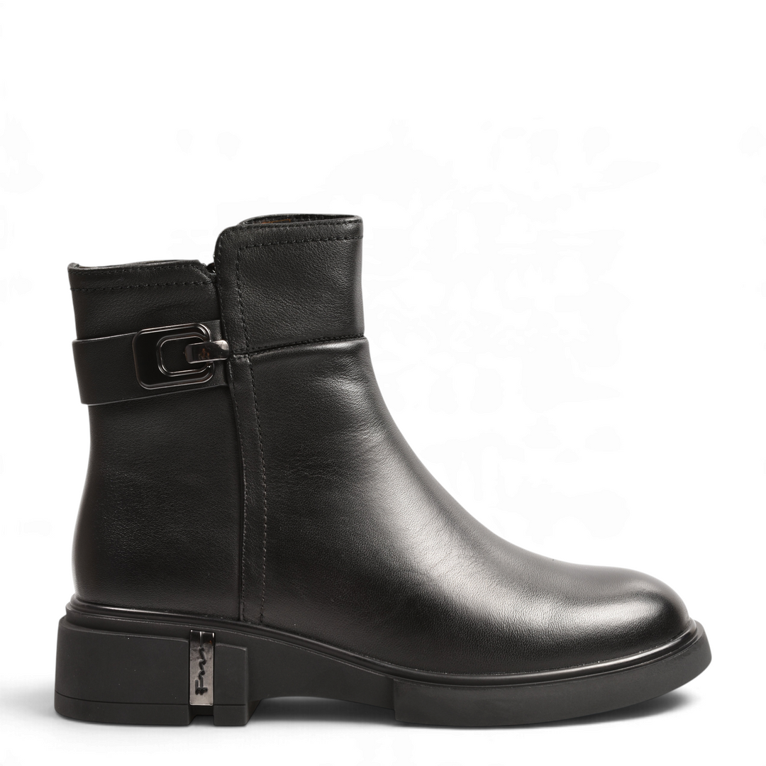 ada-shoes.ro Anna Viotti black leather ankle boots with side buckle and thick sole