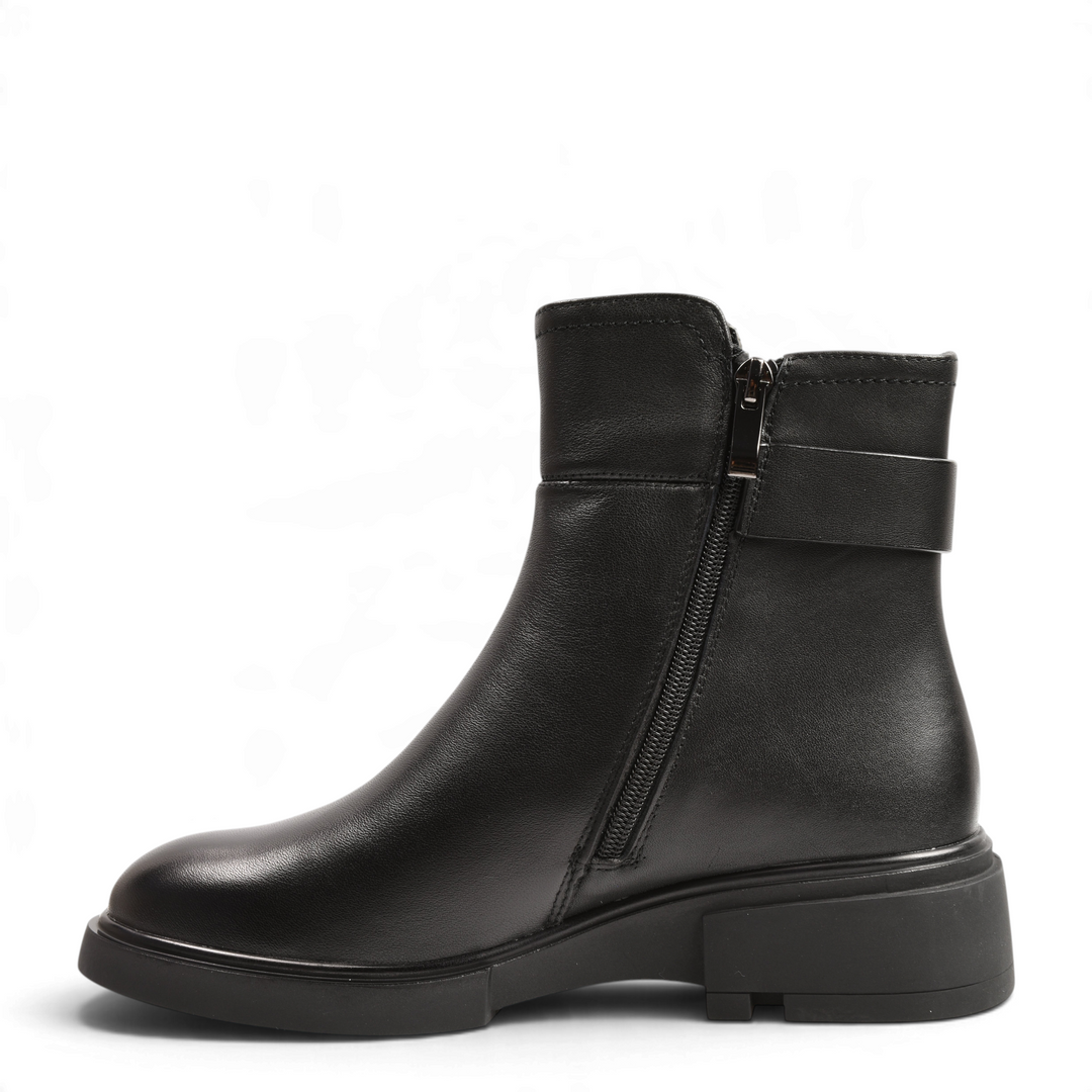 ada-shoes.ro Anna Viotti black leather ankle boots with side zipper, decorative strap, and thick rubber sole