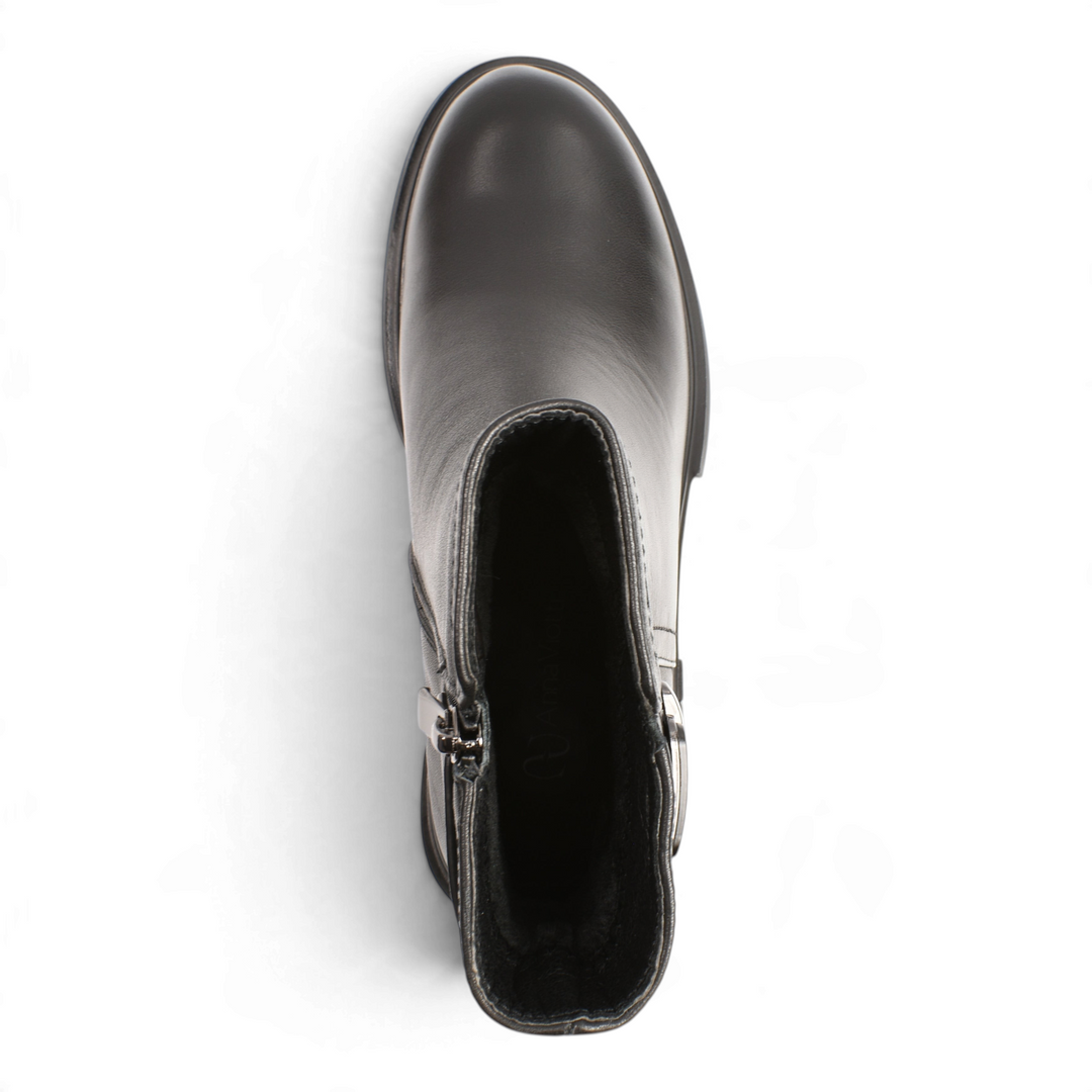 ada-shoes.ro Anna Viotti black leather ankle boots with side zipper and decorative buckle, top view