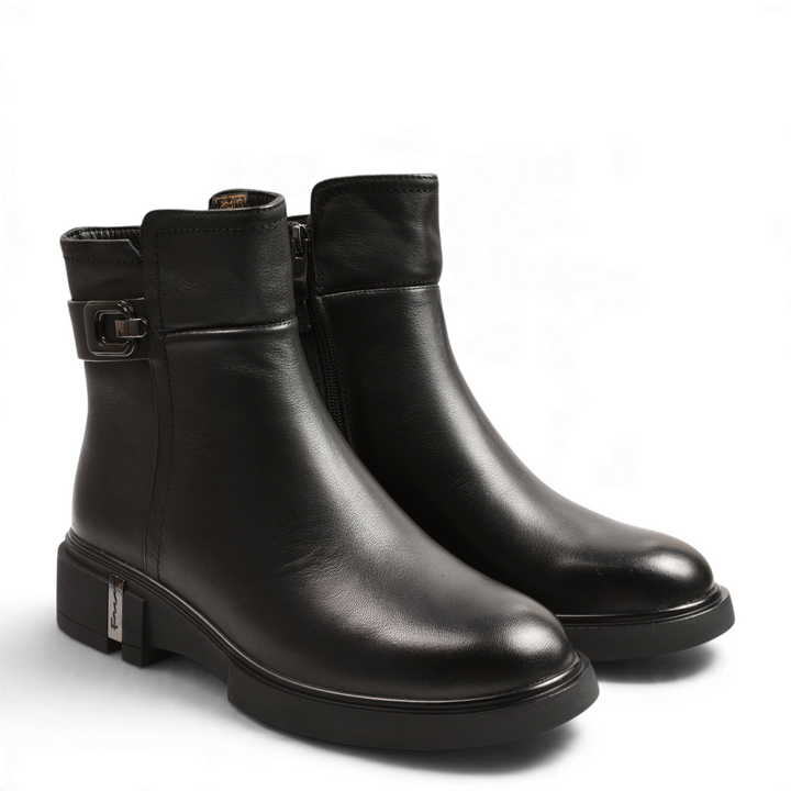 ada-shoes.ro Anna Viotti black leather ankle boots with decorative buckle and thick sole for autumn and winter