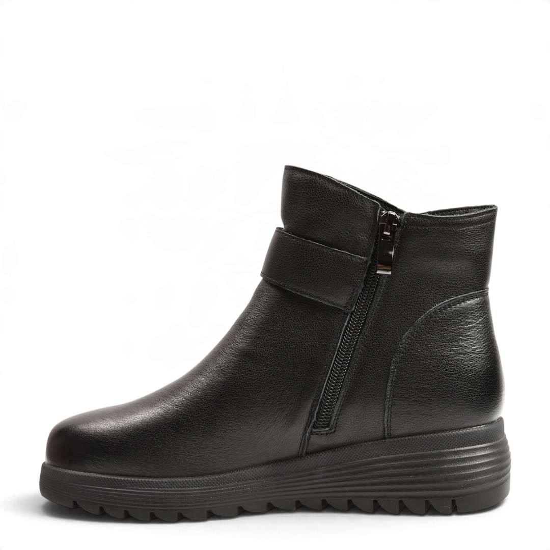 ada-shoes.ro Anna Viotti black leather ankle boots with side zipper, decorative buckle, and thick lug sole