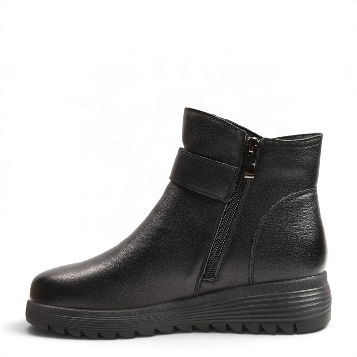 ada-shoes.ro Anna Viotti black leather ankle boots with side zipper, decorative buckle, and thick lug sole