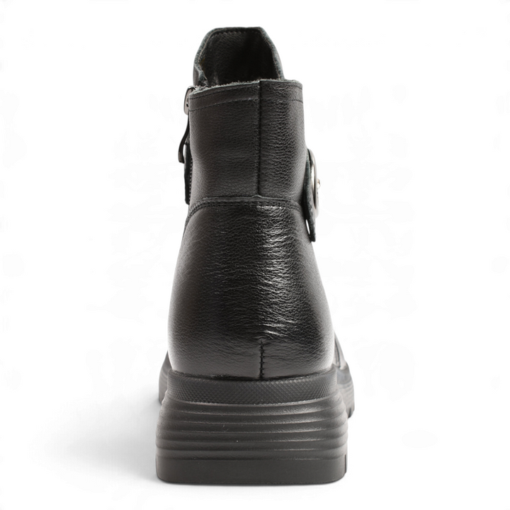 ada-shoes.ro Anna Viotti black leather ankle boots with a decorative buckle and thick orthopedic sole, back view