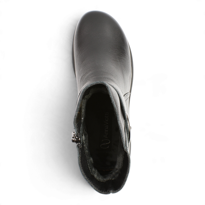 ada-shoes.ro Anna Viotti black leather ankle boots with faux fur lining and side zipper, top-down view