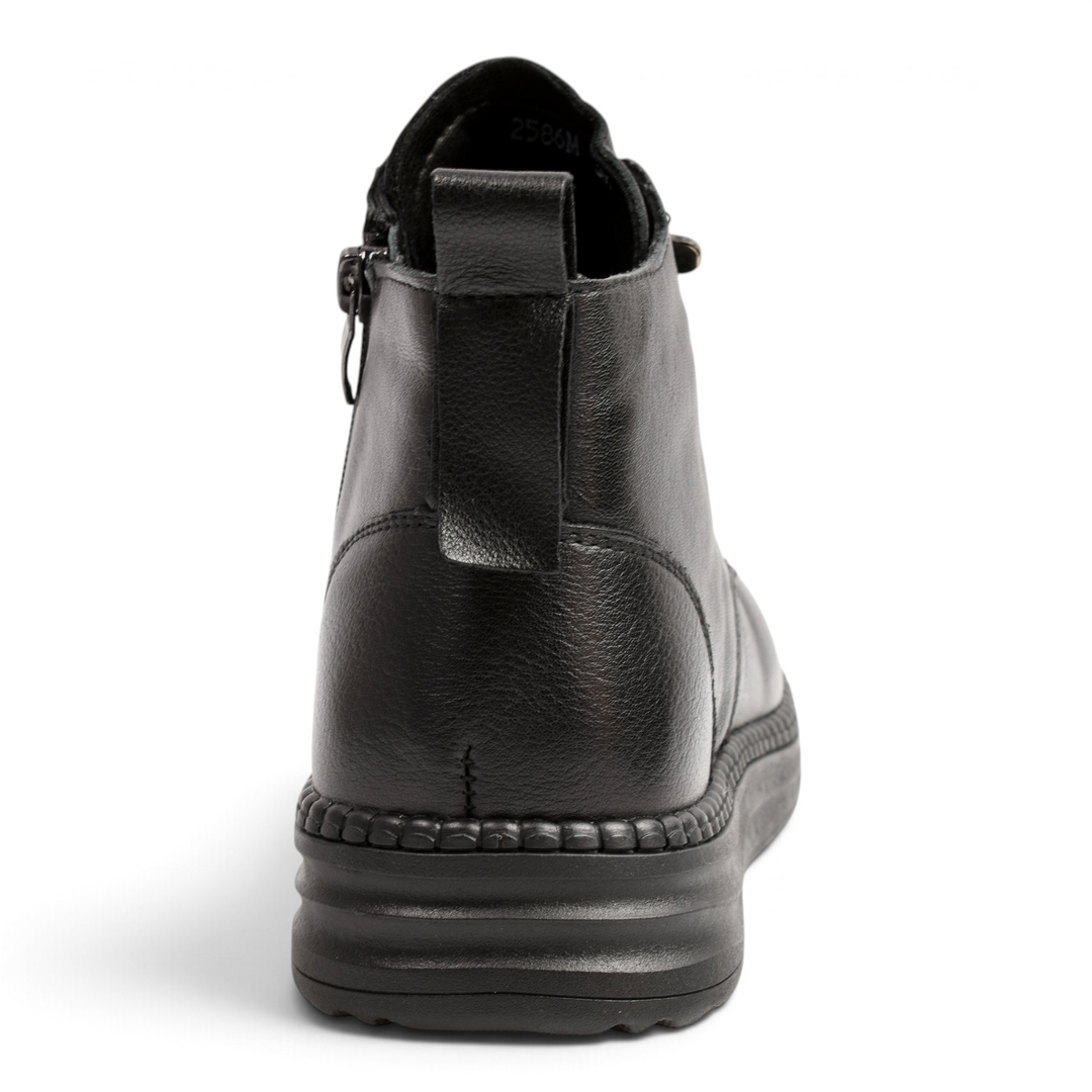 ada-shoes.ro black leather ankle boots with a rear pull tab and ergonomic sole, back view