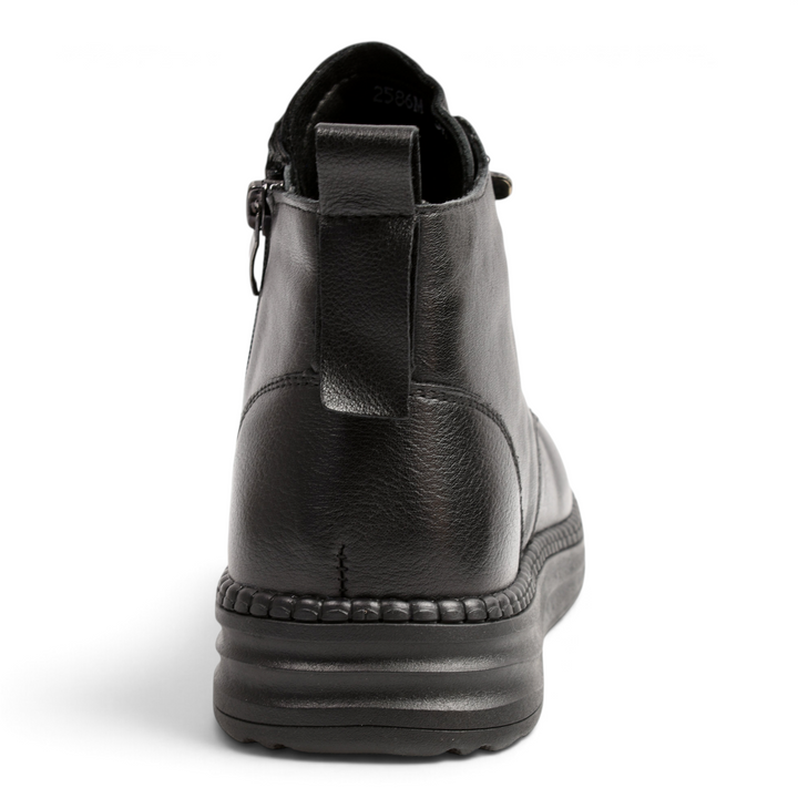 ada-shoes.ro black leather ankle boots with a rear pull tab and ergonomic sole, back view