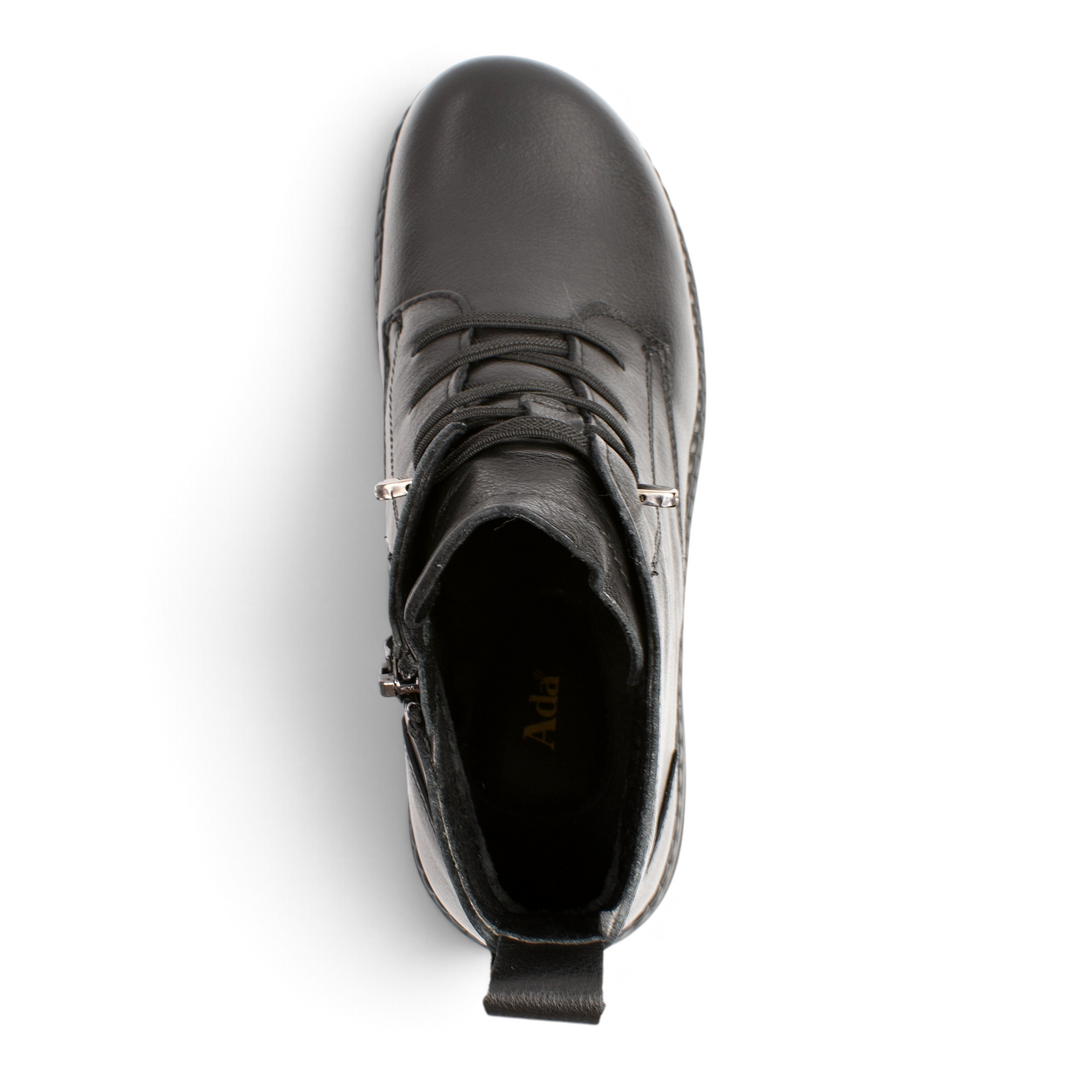 ada-shoes.ro black leather ankle boots with laces and side zipper, top-down view showing ergonomic design
