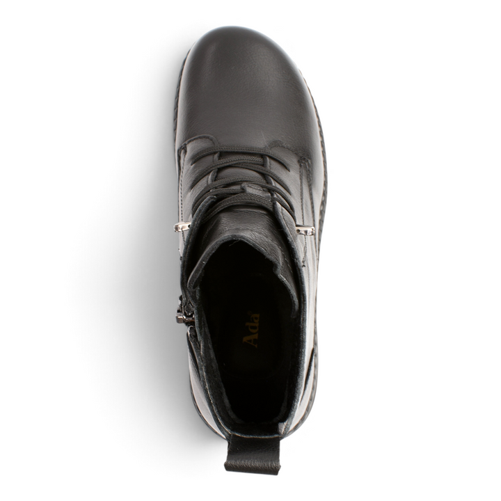 ada-shoes.ro black leather ankle boots with laces and side zipper, top-down view showing ergonomic design