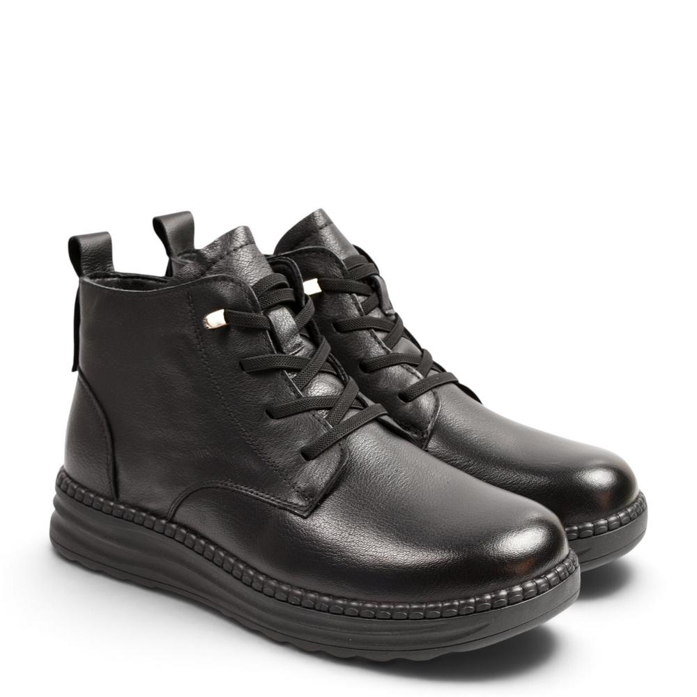 ada-shoes.ro black leather casual ankle boots with laces, side zipper, and ergonomic textured sole for daily comfort