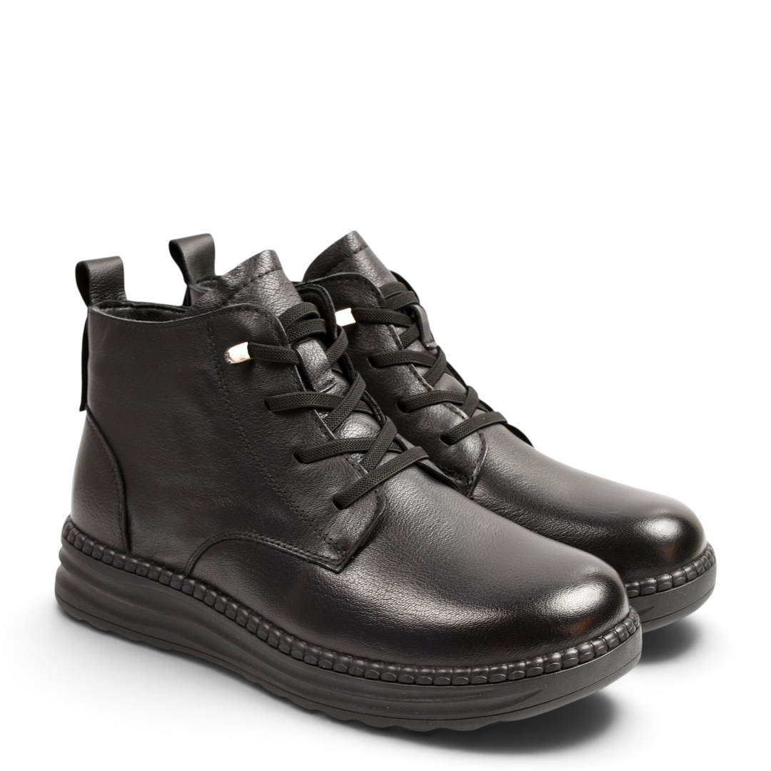 ada-shoes.ro black leather casual ankle boots with laces, side zipper, and ergonomic textured sole for daily comfort