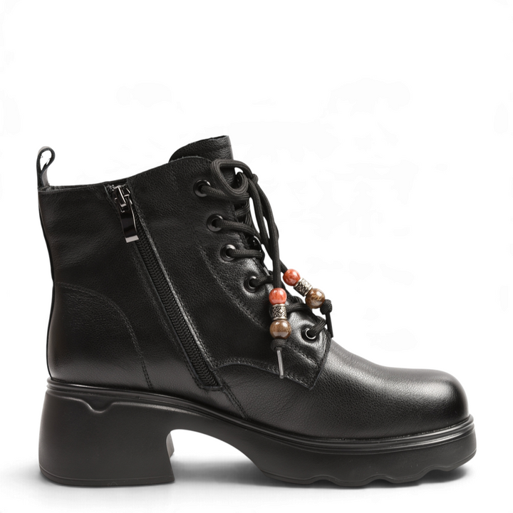 ada-shoes.ro Anna Viotti black leather ankle boots with lace-up front, decorative beads, and chunky block heel