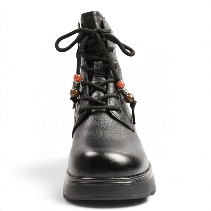 ada-shoes.ro Anna Viotti black leather ankle boots with front laces, wooden bead accents, and a thick block sole.