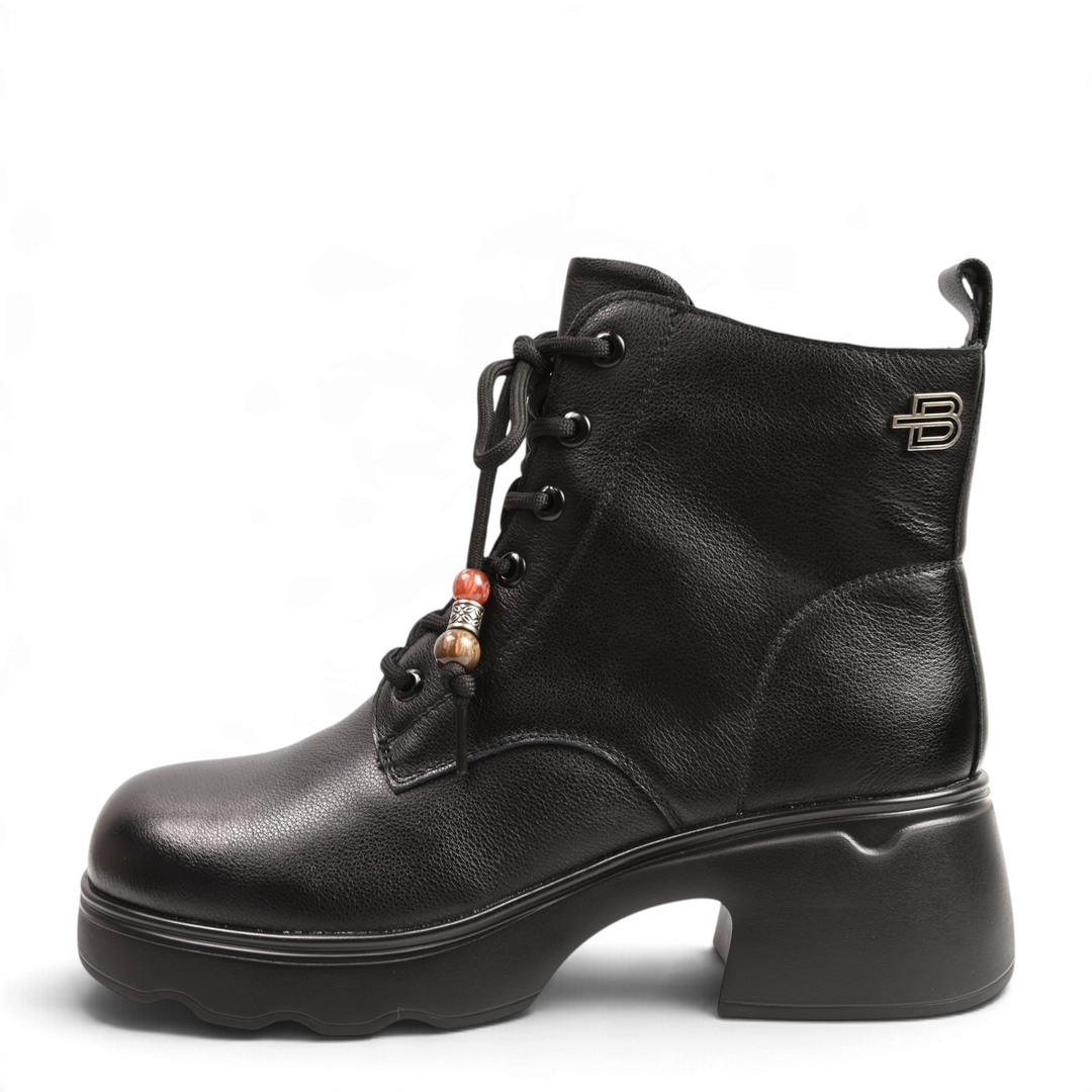 ada-shoes.ro Anna Viotti black leather ankle boots with block heel, lace-up front, and decorative wooden beads