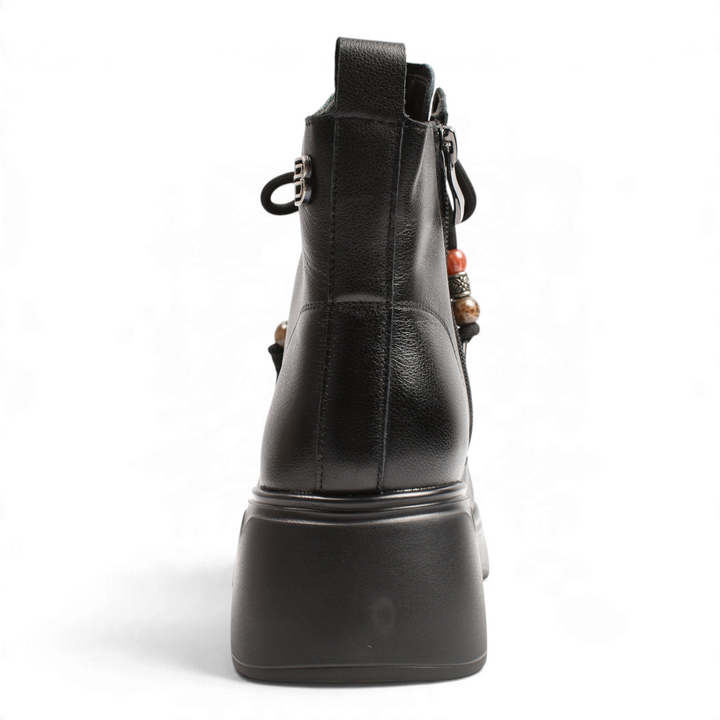 ada-shoes.ro Anna Viotti black leather ankle boots with thick block heel and decorative beads, back view