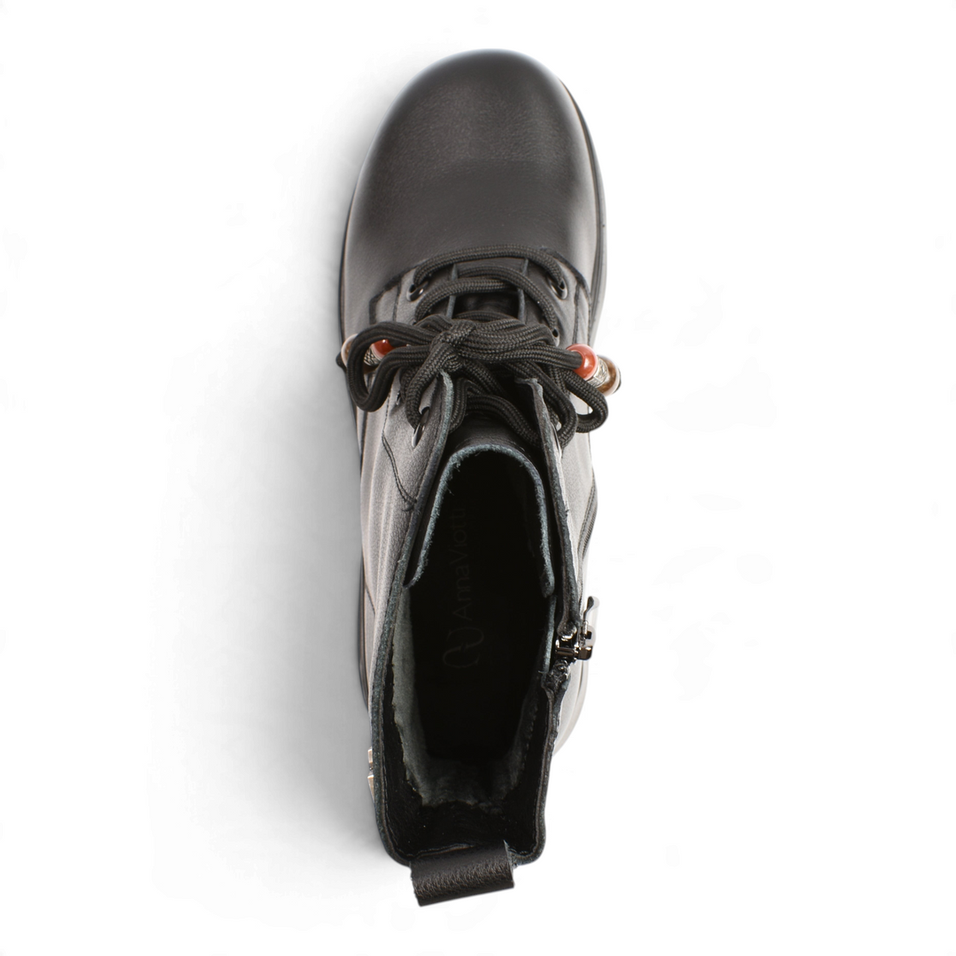 Top view of black leather Anna Viotti casual boots with decorative beaded laces and thick block sole from ada-shoes.ro