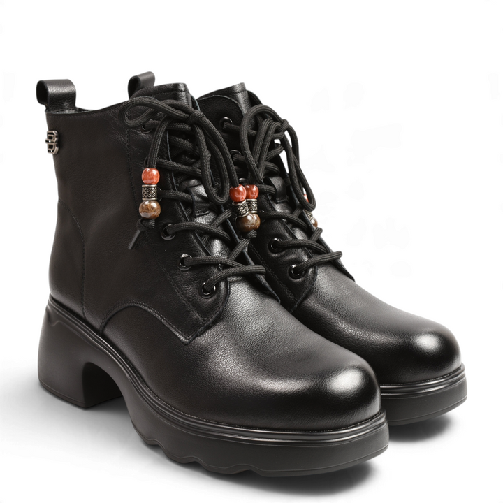 ada-shoes.ro Anna Viotti black leather ankle boots with lace-up front, decorative beads, and chunky block heel