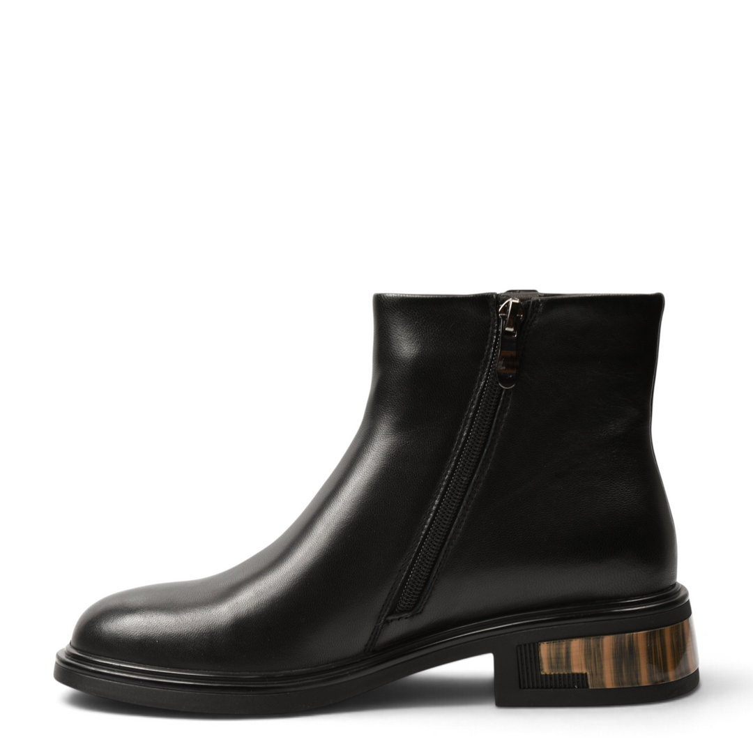 ada-shoes.ro black leather ankle boots with a rounded toe, side zipper, and a medium heel with geometric detail.