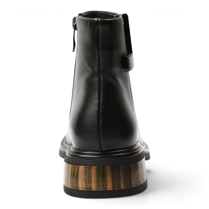 ada-shoes.ro black leather ankle boots with a unique geometric patterned block heel and side zipper, rear view