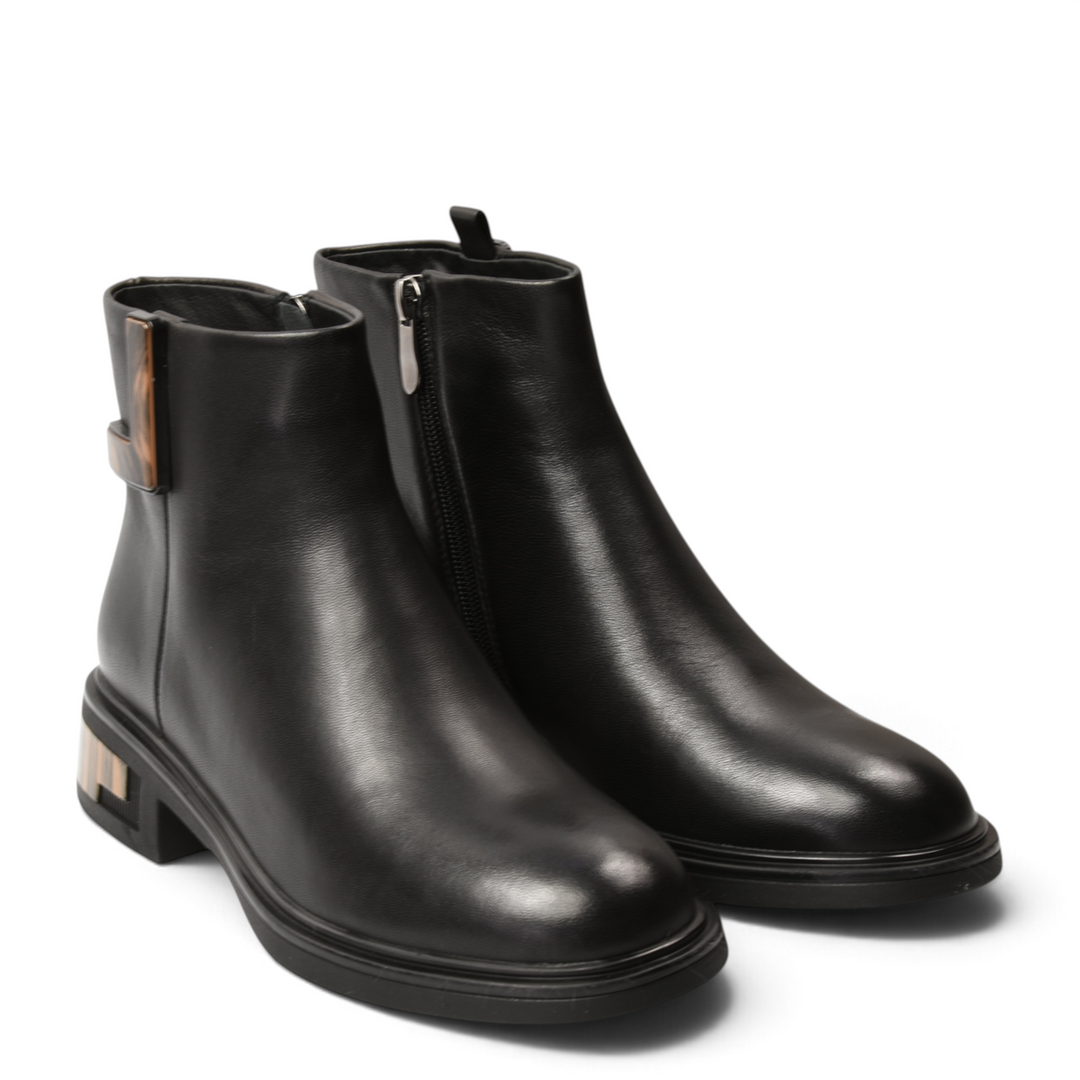 ada-shoes.ro black leather ankle boots with a rounded toe, side zipper, and a geometric detail on the medium heel.