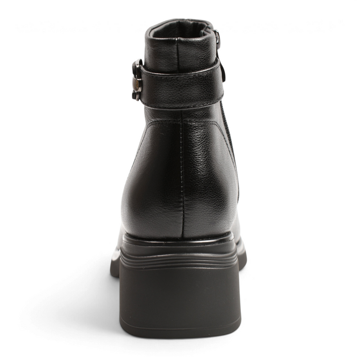 ada-shoes.ro Anna Viotti black leather ankle boots with block heel and decorative side buckle, rear view