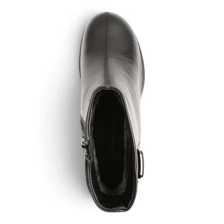 Top view of black leather Anna Viotti ankle boots with a side zipper and decorative buckle detail.
