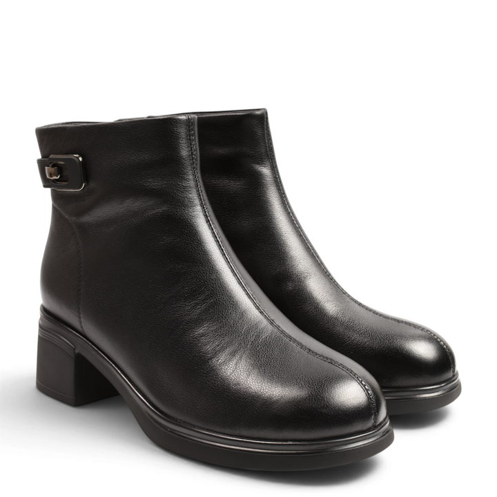 ada-shoes.ro Anna Viotti black leather ankle boots with block heel, decorative side buckle, and front seam detail.