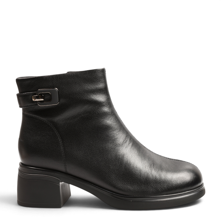ada-shoes.ro Anna Viotti black leather ankle boots with block heel, decorative buckle, and side zipper closure.