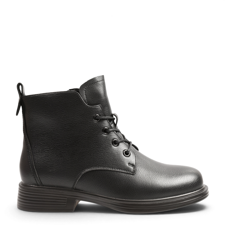 ada-shoes.ro Anna Viotti black leather ankle boots with lace-up front, side zipper, and durable block heel sole.