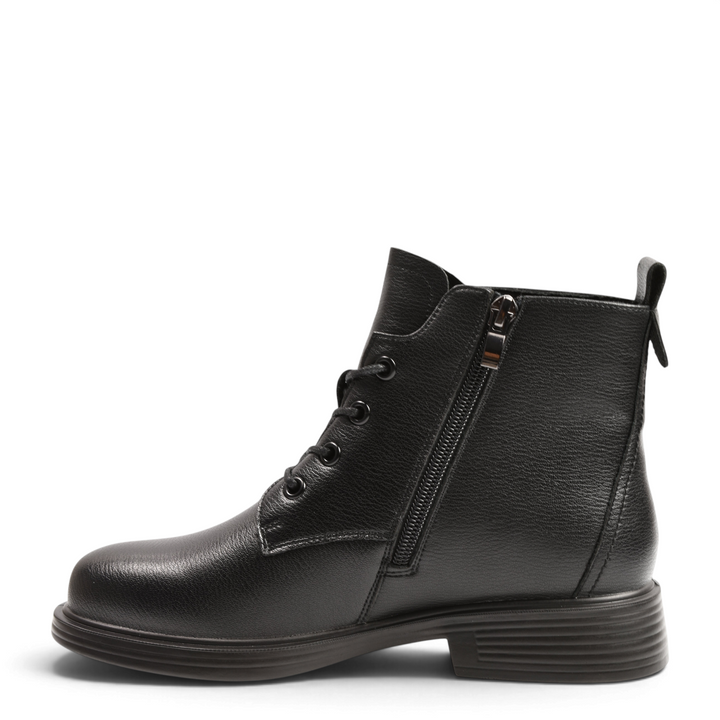 ada-shoes.ro Anna Viotti black leather ankle boots with side zipper, lace-up front, and low block heel