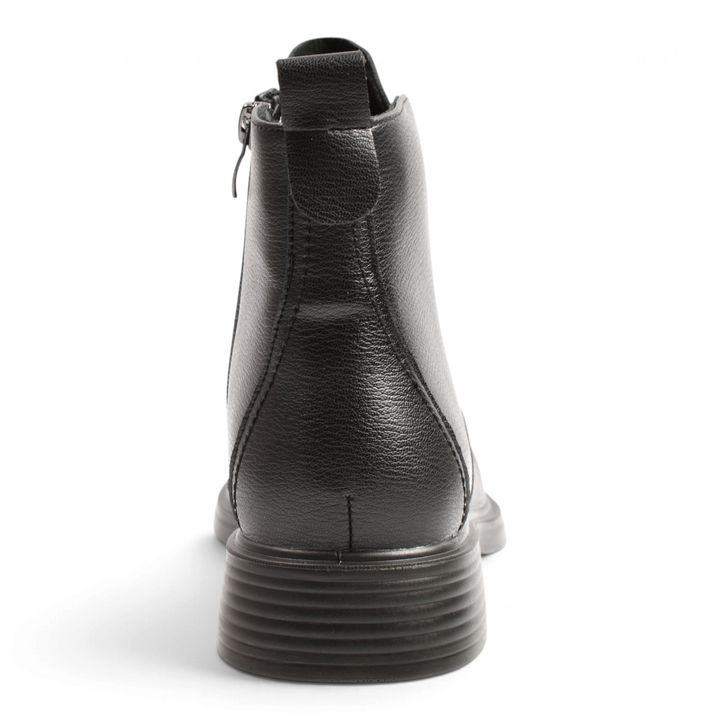 ada-shoes.ro Anna Viotti black leather ankle boots with a back pull tab and block heel, viewed from the rear.