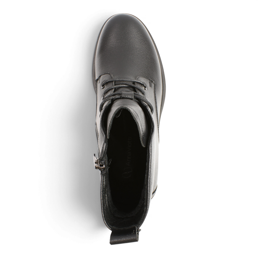 Top view of Anna Viotti black leather ankle boots with laces and side zipper, featuring a minimalist casual design.