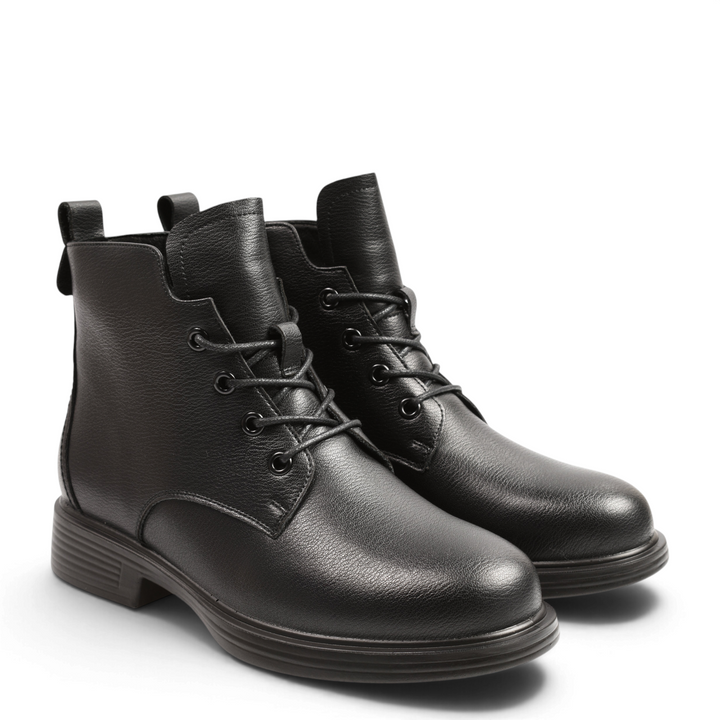 ada-shoes.ro Anna Viotti black leather ankle boots with lace-up front, side zipper, and comfortable block heel sole.