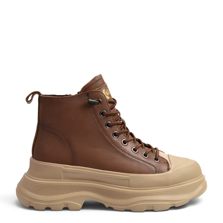 ada-shoes.ro brown leather chunky boots with beige rubber toe cap and thick platform sole in a side view