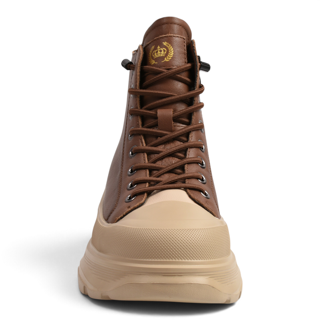 ada-shoes.ro brown leather chunky sneaker boots with beige rubber toe cap and lace-up closure, front view