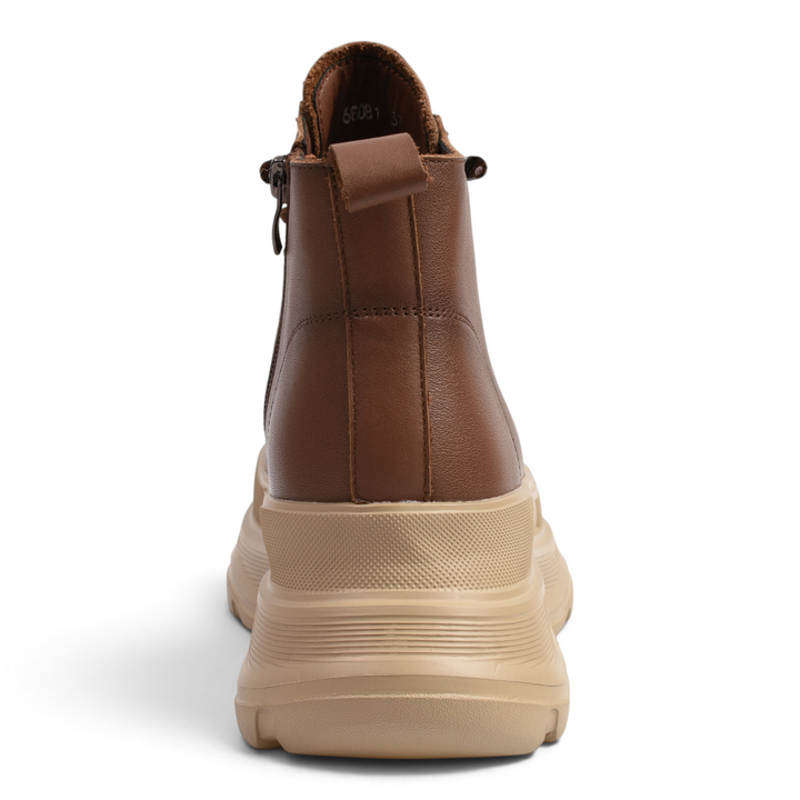 ada-shoes.ro brown leather chunky ankle boots with a thick beige platform sole, back view.