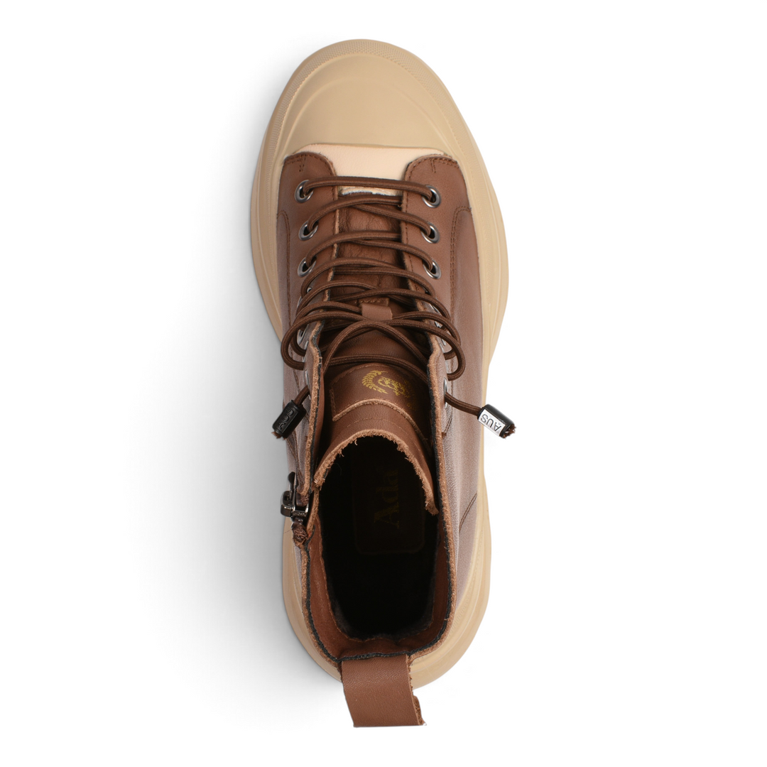 ada-shoes.ro brown leather chunky sneaker boots with beige rubber toe cap and thick sole, top view