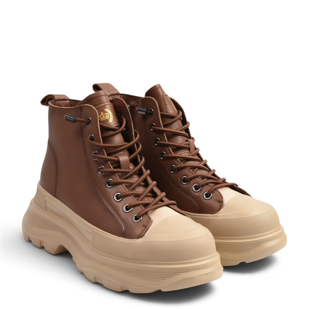 ada-shoes.ro brown leather chunky sneaker boots with beige rubber toe cap and thick platform sole
